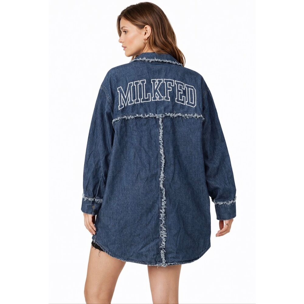 Milkfed Spell Out Denim Jacket Raw Hem Utility Oversized One Size